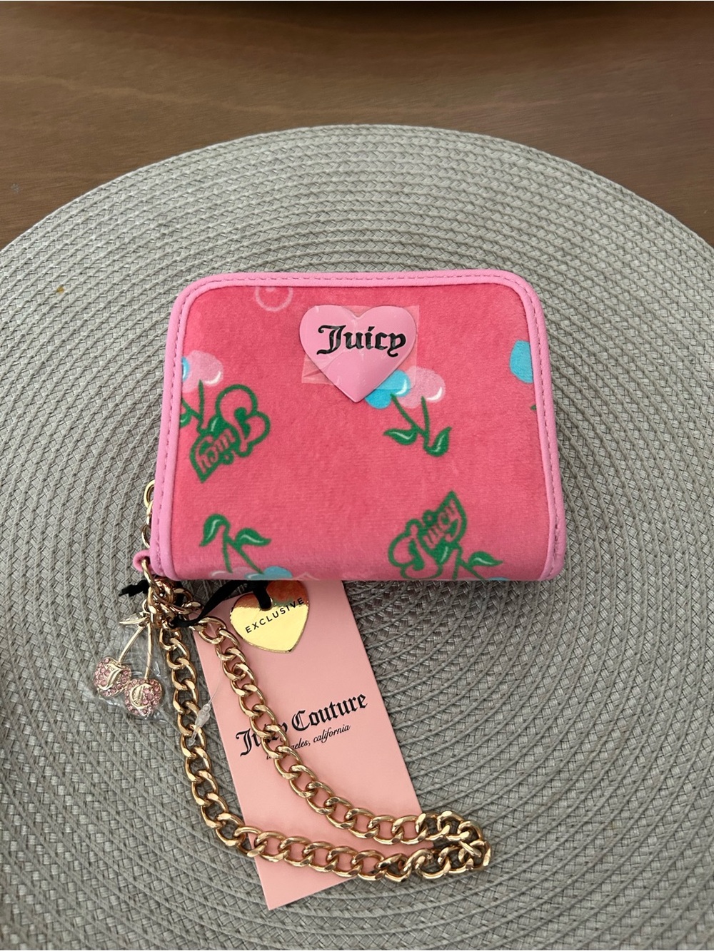 Juicy Couture Pink Velvet Heart Wallet with Gold Chain